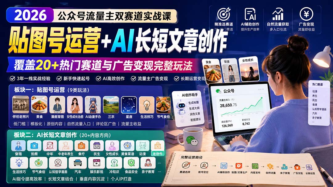 公众号流量主双赛道实战课：贴图号运营+AI长短文章创作，覆盖20+热门赛道与广告变现完整玩法-万象聊项目