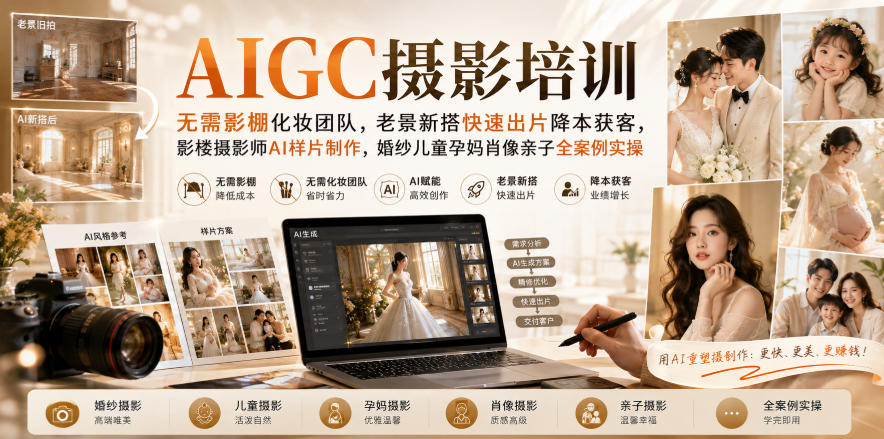 AIGC摄影培训｜无需影棚化妆团队，老景新搭快速出片降本获客，影楼摄影师AI样片制作，婚纱儿童孕妈肖像亲子全案例实操-万象聊项目
