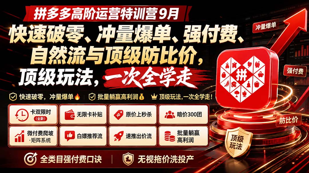 拼多多高阶运营特训营9月：快速破零、冲量爆单、强付费、自然流与顶级防比价， 顶级玩法，一次全学走-万象聊项目