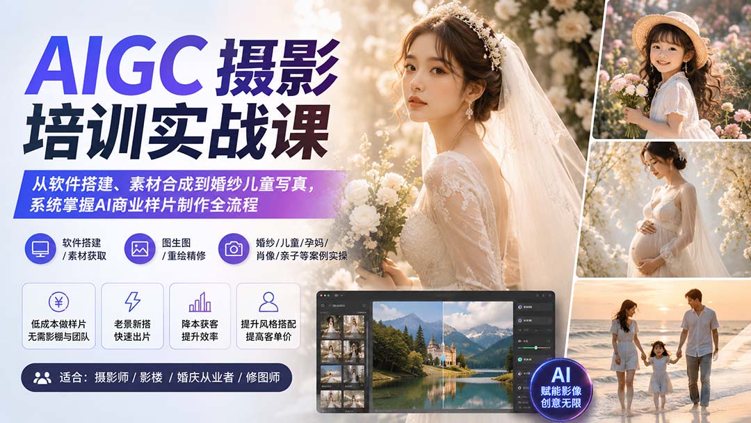 AIGC摄影培训实战课：从软件搭建、素材合成到婚纱儿童写真，系统掌握AI商业样片制作全流程-万象聊项目