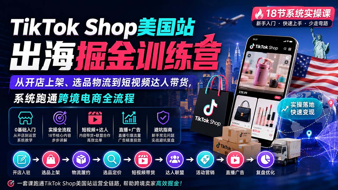 TikTok Shop美国站出海掘金训练营：从开店上架、选品物流到短视频达人带货，系统跑通跨境电商全流程-万象聊项目