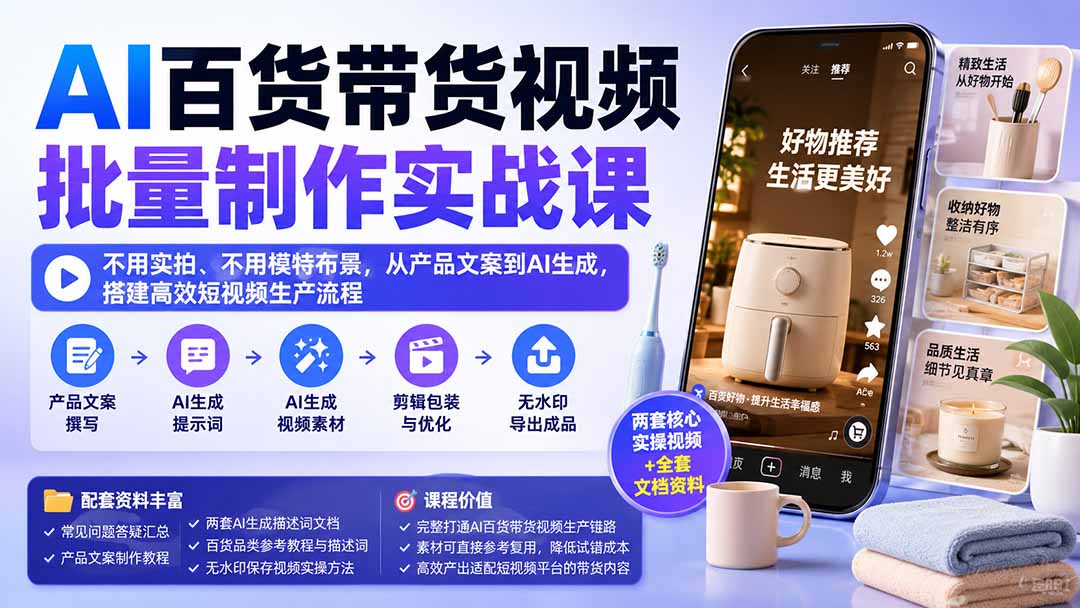 AI百货带货视频批量制作实战课：不用实拍、不用模特布景，从产品文案到AI生成，搭建高效短视频生产流程-万象聊项目