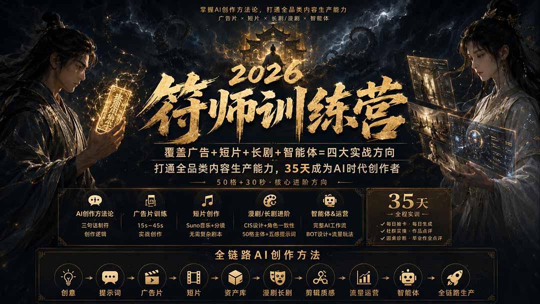符师训练营-35天成为AI时代创作者，广告+短片+漫剧+智能体四大实战方向，掌握从创意到上线的完整工作流-万象聊项目