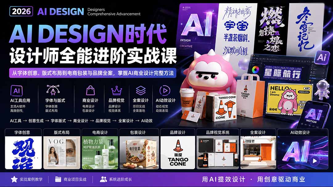2026AI DESIGN时代设计师全能进阶实战课：从字体创意、版式布局到电商包装与品牌全案，掌握AI商业设计完整方法-万象聊项目