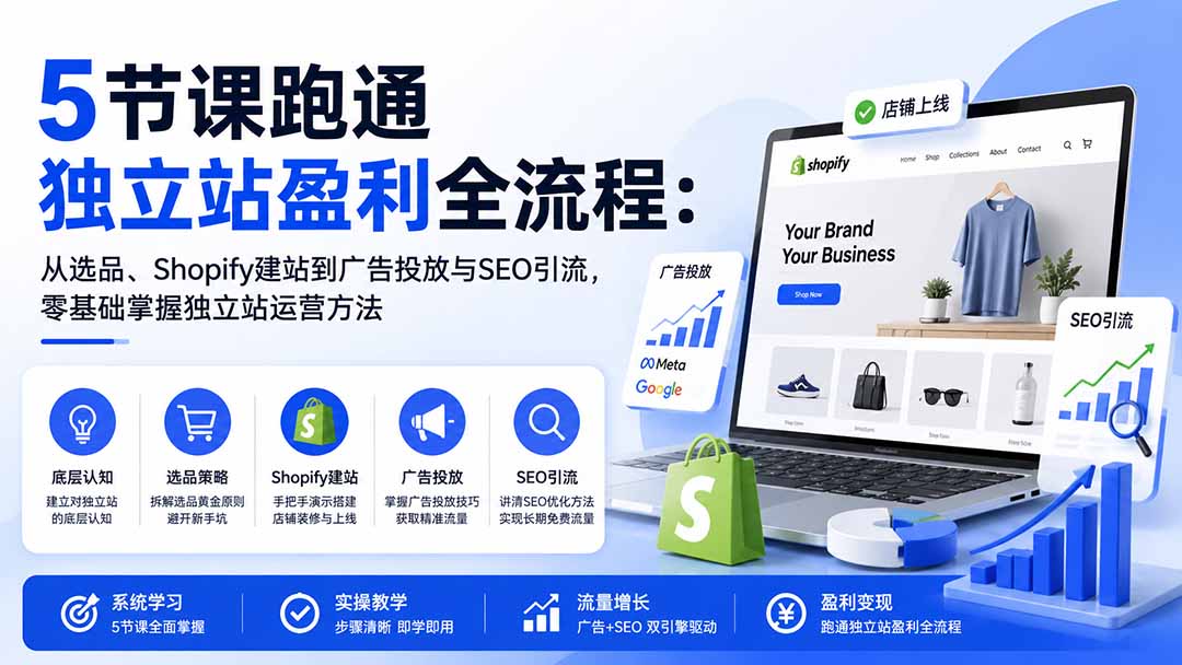 5节课跑通独立站盈利全流程：从选品、Shopify建站到广告投放与SEO引流，零基础掌握独立站运营方法-万象聊项目