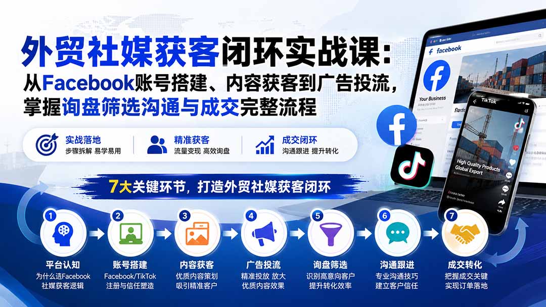 外贸社媒获客闭环实战课：从Facebook账号搭建、内容获客到广告投流，掌握询盘筛选沟通与成交完整流程-万象聊项目