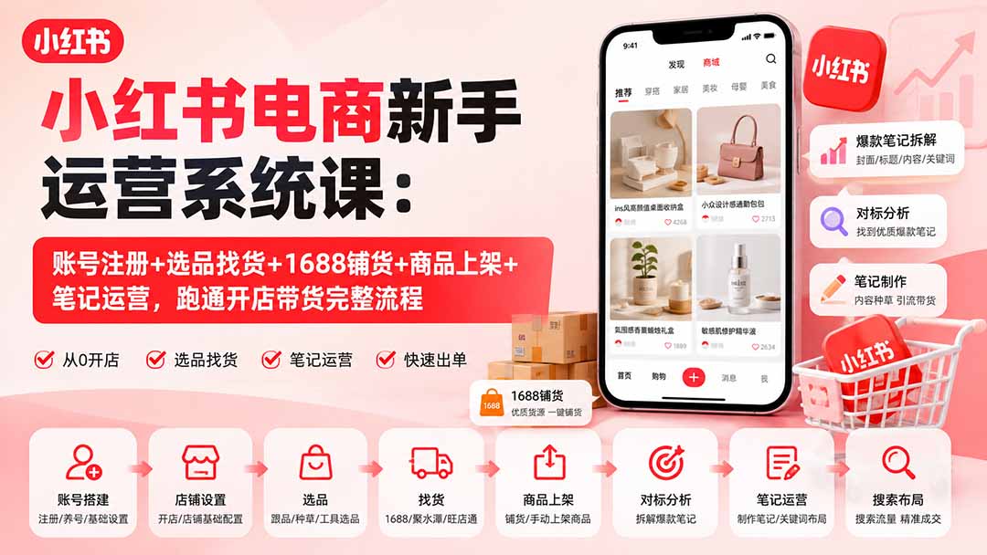 小红书电商新手运营系统课：账号注册+选品找货+1688铺货+商品上架+笔记运营，跑通开店带货完整流程-万象聊项目