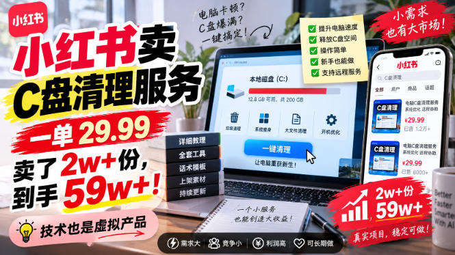 小红书卖C盘清理服务，一单29.99，卖了2w+份，技术也是虚拟产品-万象聊项目