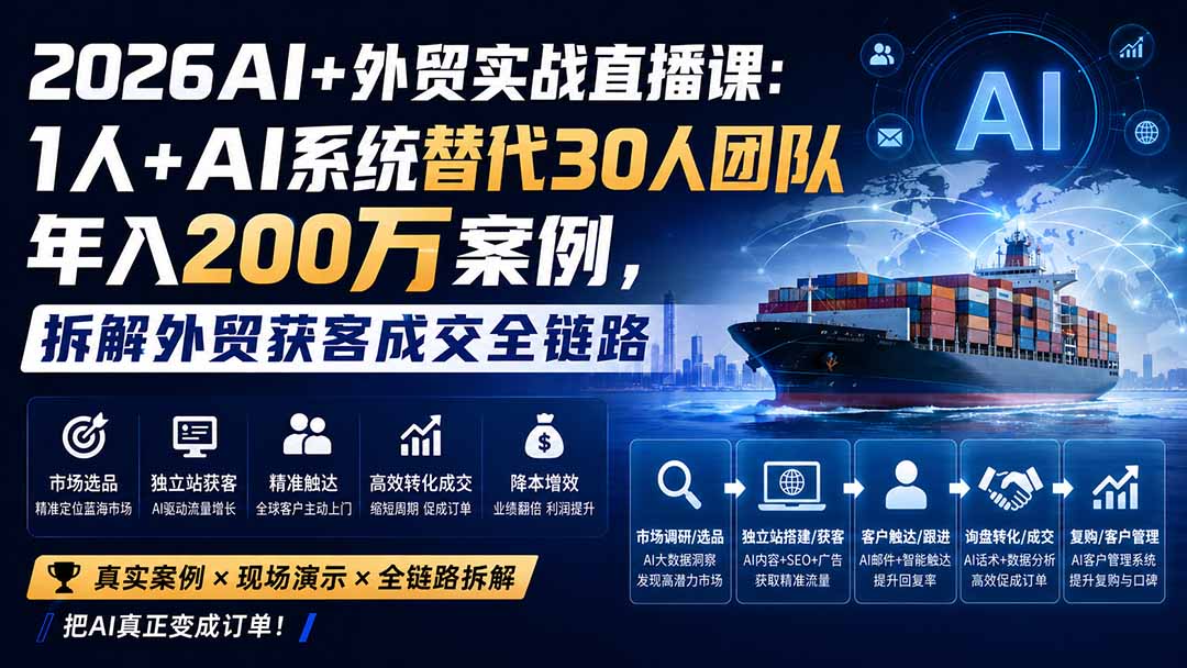 2026AI+外贸实战直播课：1人+AI系统替代30人团队年入200万案例，拆解外贸获客成交全链路-万象聊项目