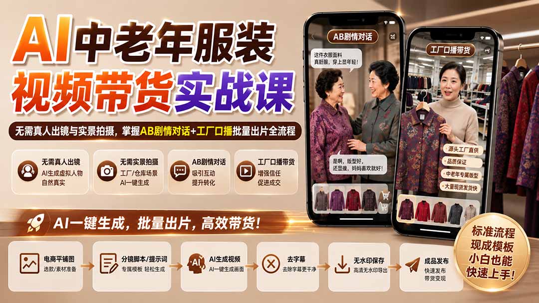 AI中老年服装视频带货实战课：无需真人出镜与实景拍摄，掌握AB剧情对话+工厂口播批量出片全流程-万象聊项目