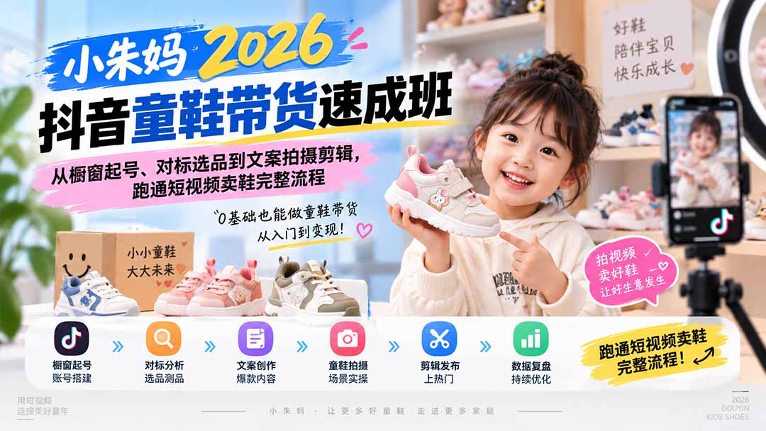 小朱妈2026抖音童鞋带货速成班：从橱窗起号、对标选品到文案拍摄剪辑，跑通短视频卖鞋完整流程-万象聊项目