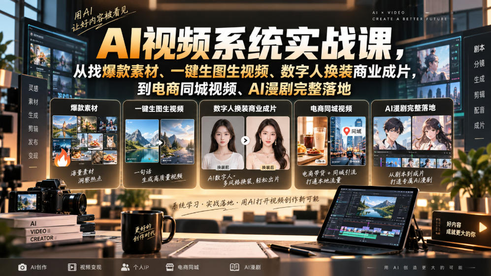 AI视频系统实战课，从找爆款素材、一键生图生视频、数字人换装商业成片，到电商同城视频、AI漫剧完整落地-万象聊项目