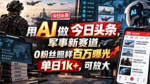 用AI做今日头条，军事新赛道，0粉丝照样百万曝光，单日1k+，可放大-万象聊项目