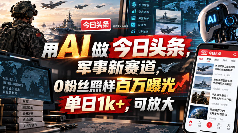 用AI做今日头条，军事新赛道，0粉丝照样百万曝光，单日1k+，可放大-万象聊项目
