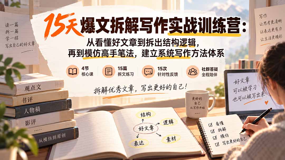 15天爆文拆解写作实战训练营：从看懂好文章到拆出结构逻辑，再到模仿高手笔法，建立系统写作方法体系-万象聊项目