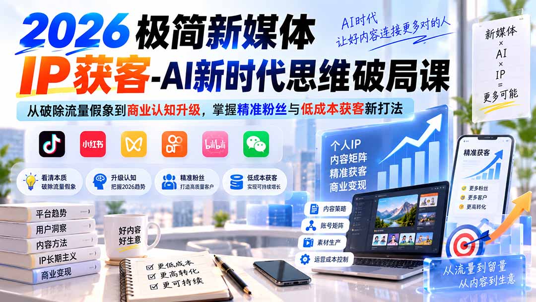 2026极简新媒体IP获客-AI新时代思维破局课：从破除流量假象到商业认知升级，掌握精准粉丝与低成本获客新打法-万象聊项目