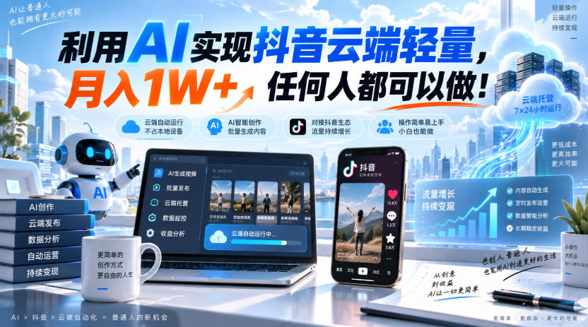 利用AI实现抖音云端轻量，月入1W+，任何人都可以做！【揭秘】-万象聊项目