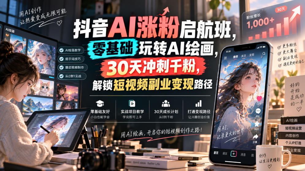 抖音AI涨粉启航班，零基础玩转AI绘画，30天冲刺千粉，解锁短视频副业变现路径-万象聊项目