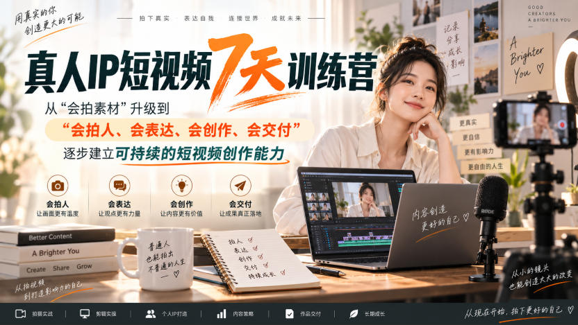 真人IP短视频7天训练营，从“会拍素材”升级到“会拍人、会表达、会创作、会交付”，逐步建立可持续的短视频创作能力-万象聊项目