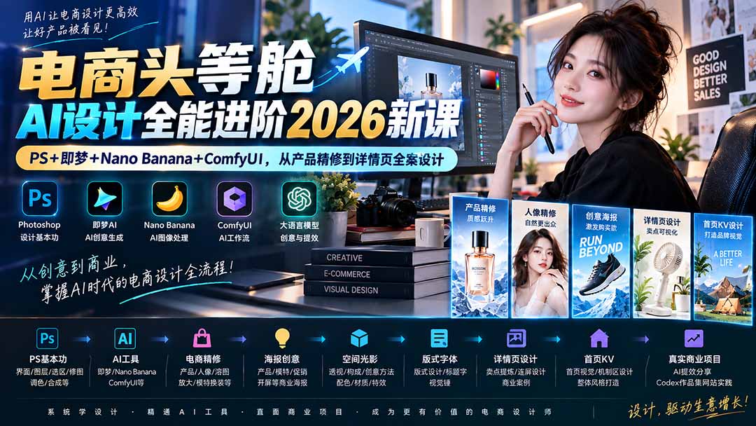 电商头等舱AI设计全能进阶2026新课：PS+即梦+Nano Banana+ComfyUI，从产品精修到详情页全案设计-万象聊项目
