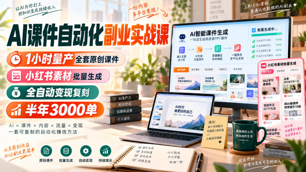 AI课件自动化副业实战课，1小时量产全套原创课件，小红书素材批量生成，全自动变现复刻，半年3000单-万象聊项目