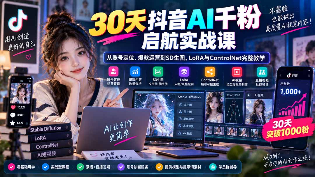 30天抖音AI千粉启航实战课：从账号定位、爆款运营到SD生图、LoRA与ControlNet完整教学-万象聊项目