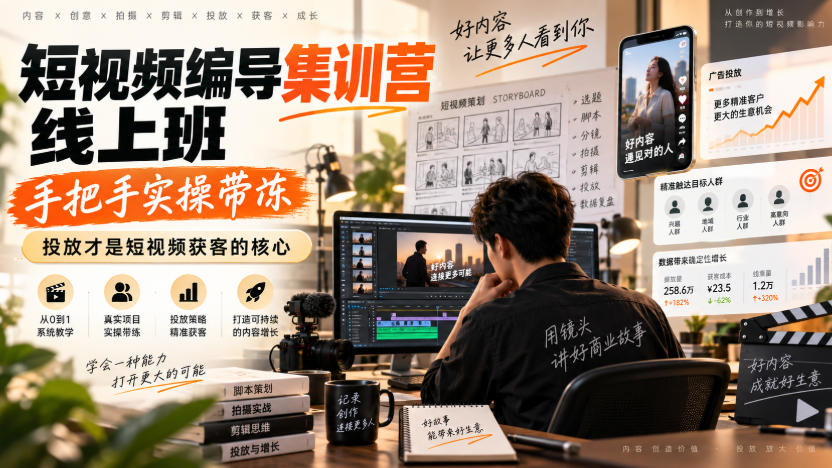 短视频编导集训营线上班，手把手实操带冻，投放才是短视频获客的核心-万象聊项目