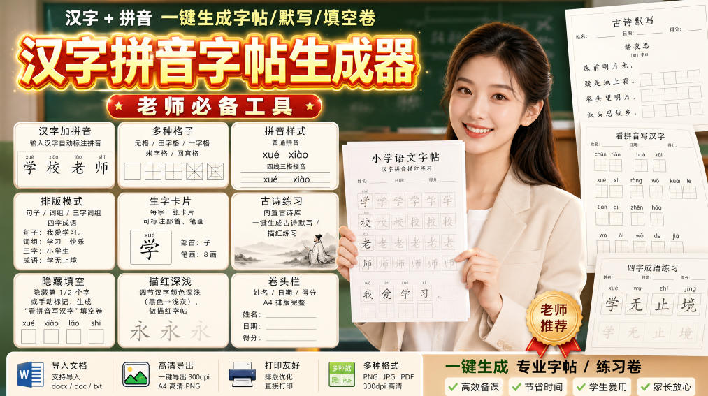 学习神器，汉字拼音字帖生成器，汉字+拼音 一键生成字帖/默写/填空卷，支持词组、成语，老师、家长必备-万象聊项目