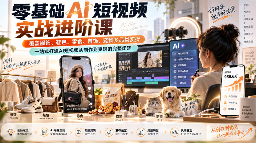 零基础AI短视频实战进阶课，覆盖服饰、鞋包、零食、首饰、宠物多品类实操，一站式打通AI短视频从制作到变现的完整闭环-万象聊项目
