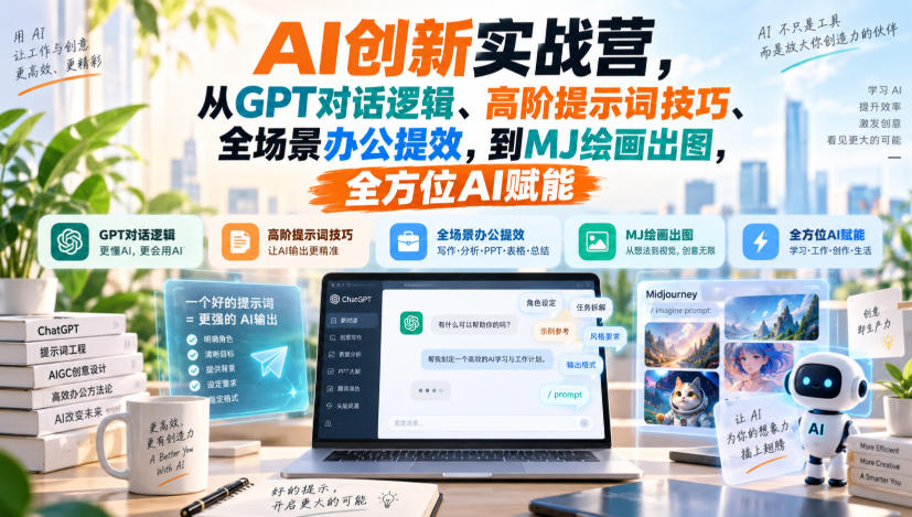 AI创新实战营，从GPT对话逻辑、高阶提示词技巧、全场景办公提效，到MJ绘画出图，全方位AI赋能-万象聊项目
