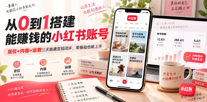 从0到1搭建能賺钱的小红书账号，定位+内容+运营三天跑通变现闭环-万象聊项目