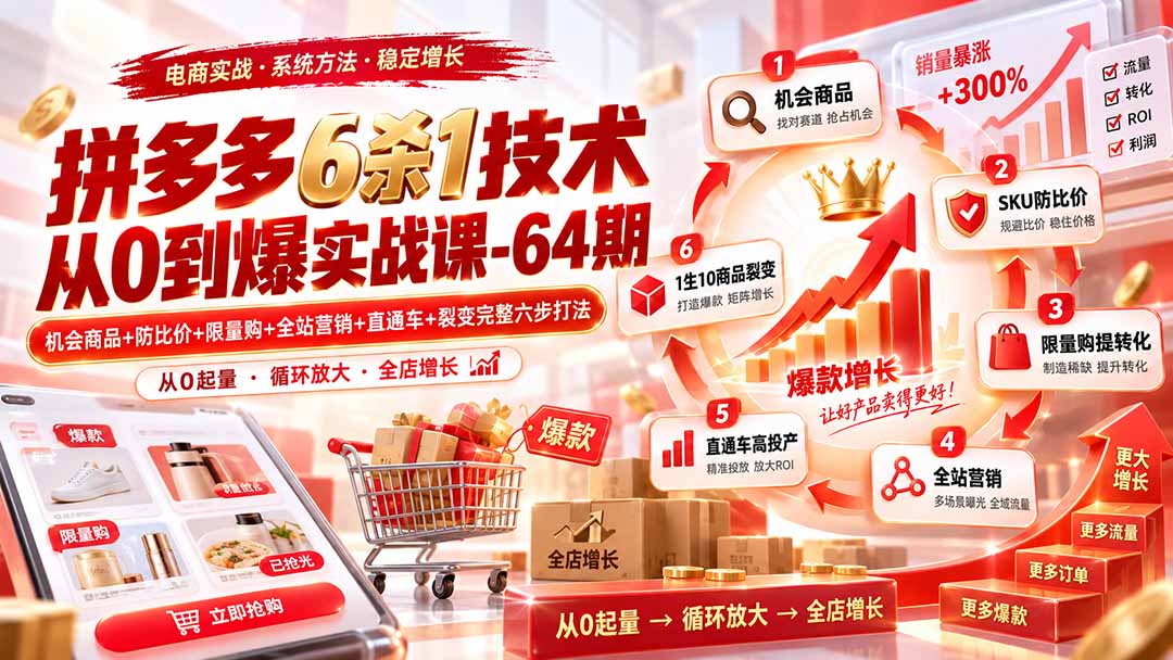 拼多多6杀1技术从0到爆实战课-64期：机会商品+防比价+限量购+全站营销+直通车+裂变完整六步打法-万象聊项目