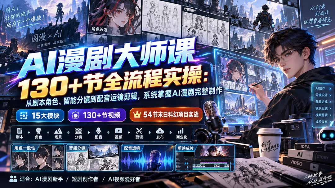 AI漫剧大师课130+节全流程实操：从剧本角色、智能分镜到配音运镜剪辑，系统掌握AI漫剧完整制作-万象聊项目