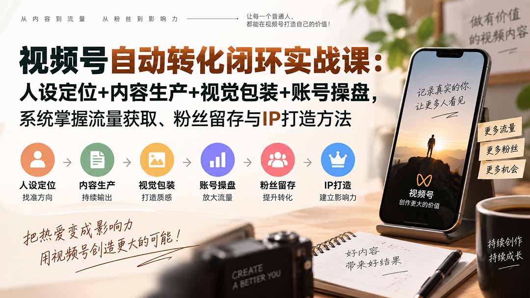 视频号自动转化闭环实战课：人设定位+内容生产+视觉包装+账号操盘，系统掌握流量获取、粉丝留存与IP打造方法-万象聊项目