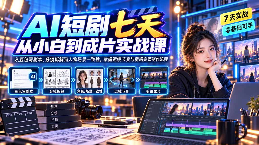 AI短剧七天从小白到成片实战课：从豆包写剧本、分镜拆解到人物场景一致性，掌握运镜节奏与剪辑完整制作流程-万象聊项目
