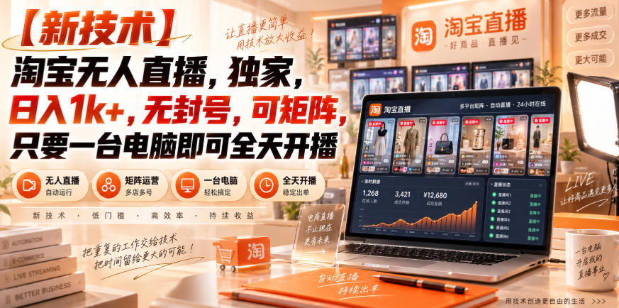 【独家新技术】淘宝无人直播，日入1k+，无封号，可矩阵，只要一台电脑即可全天开播【揭秘】-万象聊项目