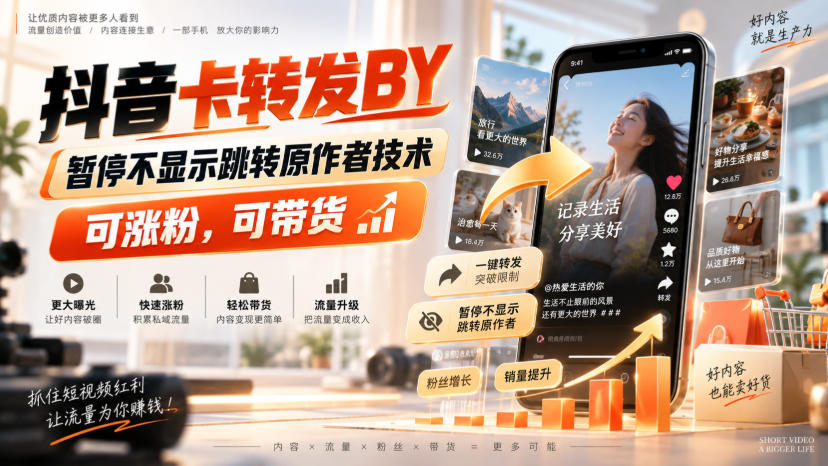 抖音卡转发搬运，暂停不显示跳转原作者技术，可涨粉，可带货-万象聊项目