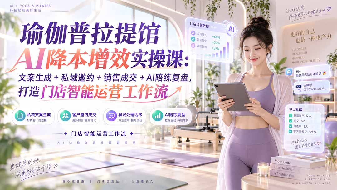 瑜伽普拉提馆AI降本增效实操课：文案生成+私域邀约+销售成交+AI陪练复盘，打造门店智能运营工作流-万象聊项目