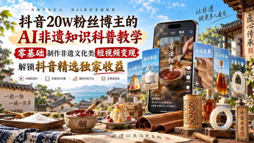 抖音20W粉丝博主的AI非遗知识科普教学，零基础制作非遗文化类短视频变现，解锁抖音精选独家收益-万象聊项目