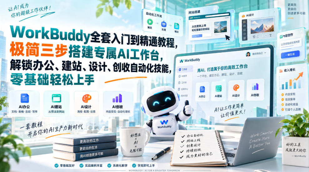 WorkBuddy全套入门到精通教程，极简三步搭建专属AI工作台，解锁办公、建站、设计、创收自动化技能，零基础轻松上手-万象聊项目