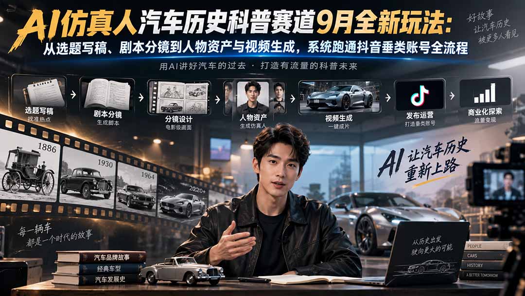 AI仿真人汽车历史科普赛道9月全新玩法：从选题写稿、剧本分镜到人物资产与视频生成，系统跑通抖音垂类账号全流程-万象聊项目