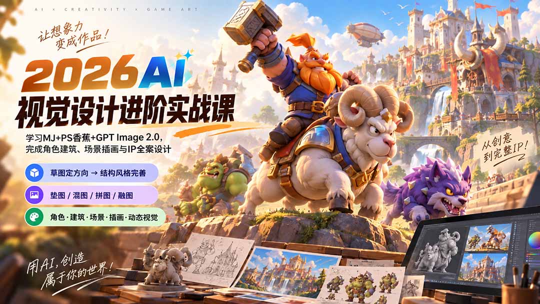 2026AI视觉设计进阶实战课-更新：学习MJ+PS香蕉+GPT Image 2.0，完成角色建筑、场景插画与IP全案设计-万象聊项目