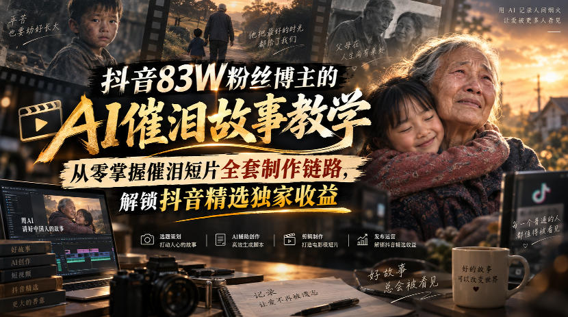 抖音83W粉丝博主的AI催泪故事教学，从零掌握催泪短片全套制作链路，解锁抖音精选独家收益-万象聊项目