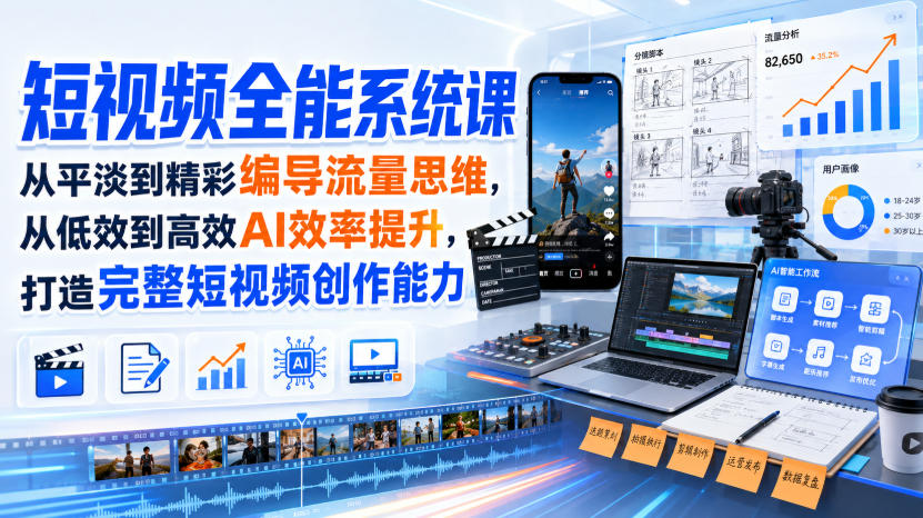 短视频全能系统课，从平淡到精彩编导流量思维，从低效到高效AI效率提升，打造完整短视频创作能力(完整版)-万象聊项目