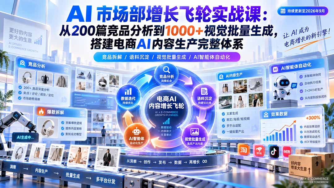 AI 市场部增长飞轮实战课：从200篇竞品分析到1000+视觉批量生成，搭建电商AI内容生产完整体系-万象聊项目