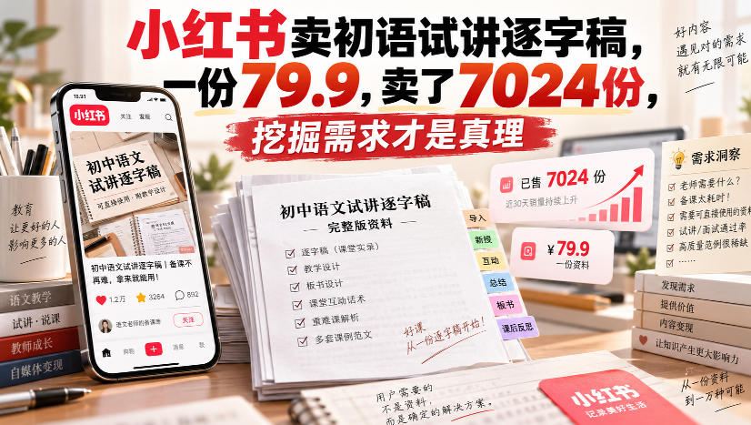 小红书卖初语试讲逐字稿，一份79.9，卖了7024份，挖掘需求才是真理-万象聊项目