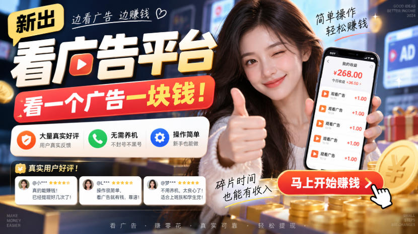 新出看广告平台，看一个广告一块钱，大量真实好评！无需养机、不会黑号，操作简单【揭秘】-万象聊项目