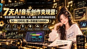 AI音乐创作变现营：零乐理掌握工具、歌词、人声、版权、发行及0粉起号变现，50—200元/首+月收益10000+-万象聊项目