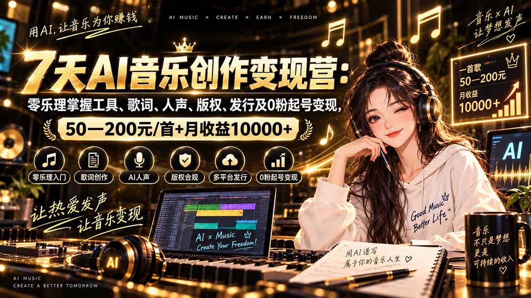 AI音乐创作变现营：零乐理掌握工具、歌词、人声、版权、发行及0粉起号变现，50—200元/首+月收益10000+-万象聊项目