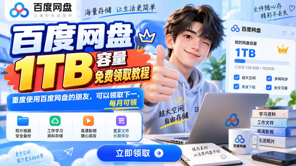 百度网盘1TB容量免费领取教程，重度使用百度网盘的朋友，可以领取下一，每月可领-万象聊项目
